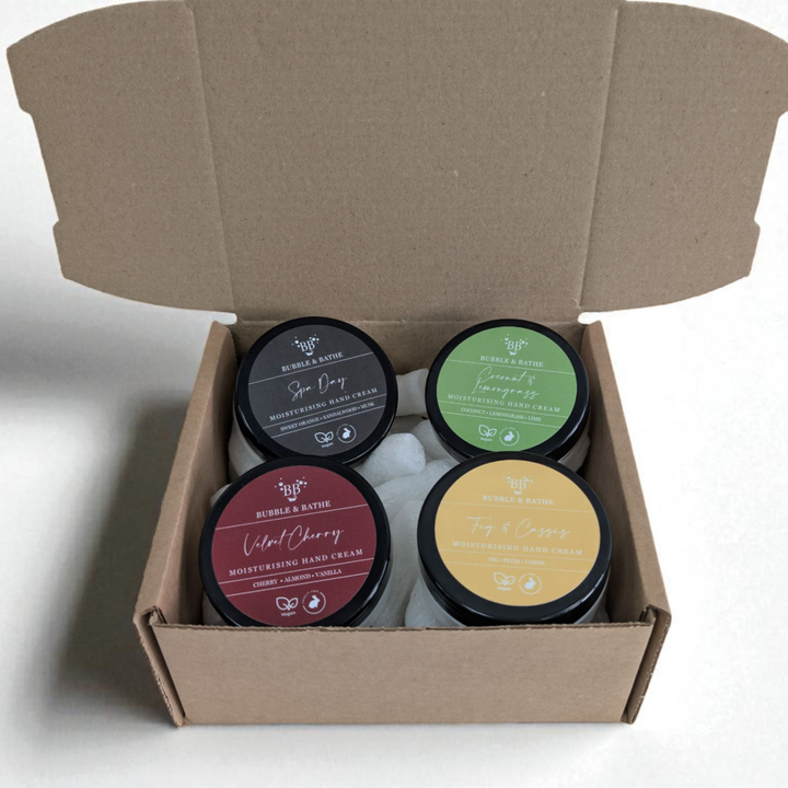 Hand Cream Mystery Box by Bubble & Bathe, four 50g vegan hand creams, handmade in North Devon, assorted scents.