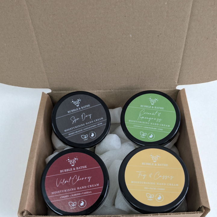 Hand Cream Mystery Box by Bubble & Bathe, four 50g vegan hand creams, handmade in North Devon, assorted scents.