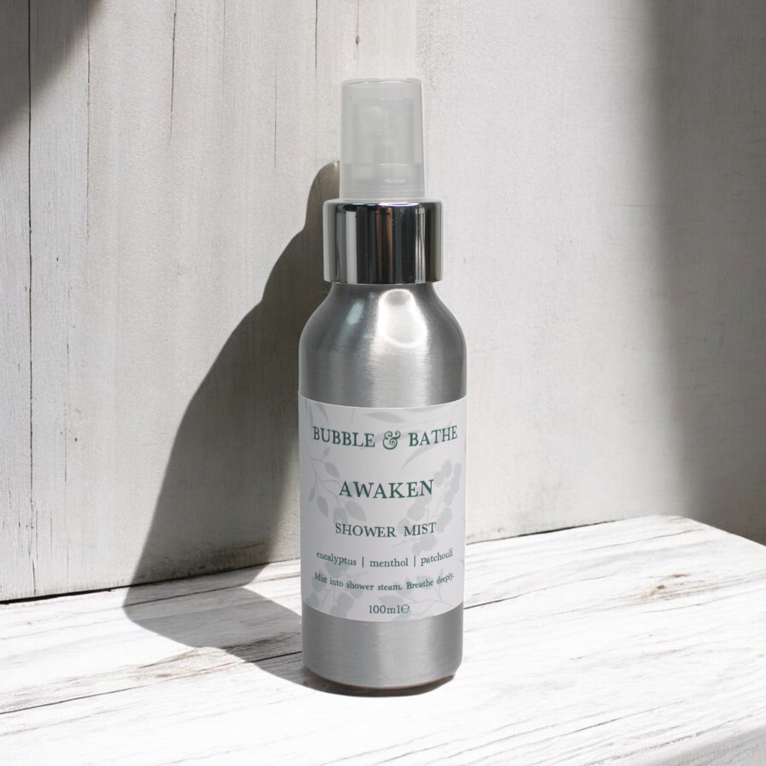 Bubble & Bathe Awaken Shower Mist spray with Eucalyptus and Peppermint essential oils to energise your morning shower steam.