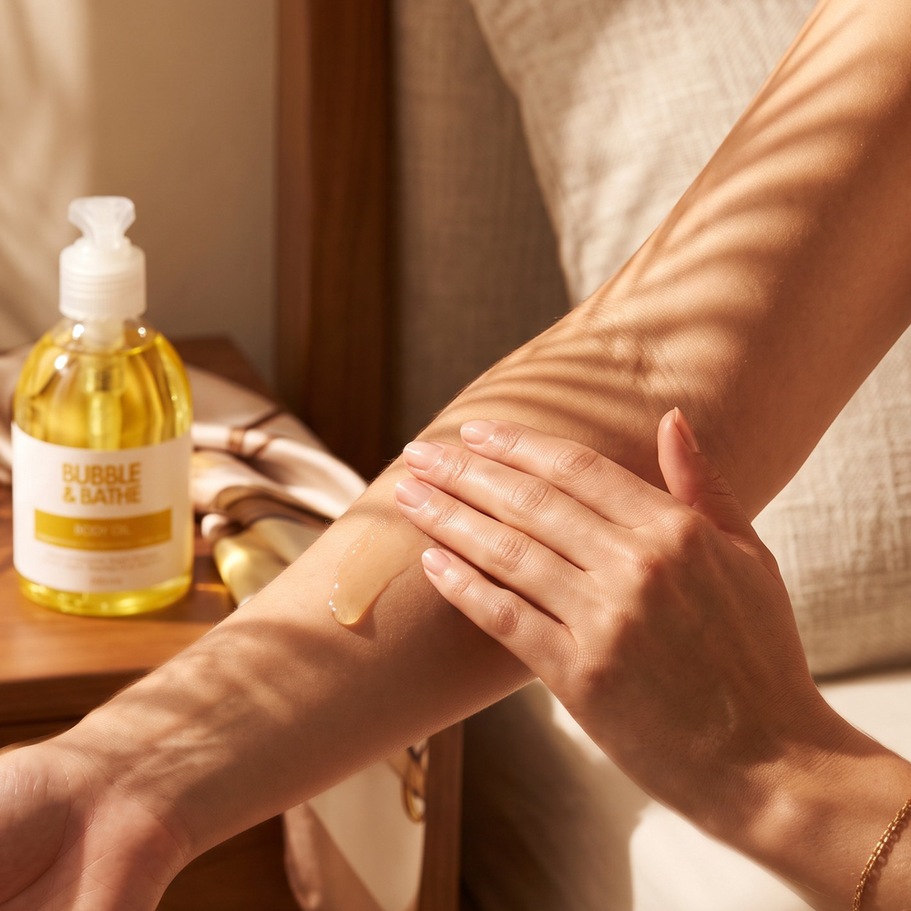 A person applies a glossy, golden-beige body oil from a clear pump bottle labeled 'BUBBLE & BATH' onto their forearm, with warm sunlight casting striped shadows across the skin and bedding.