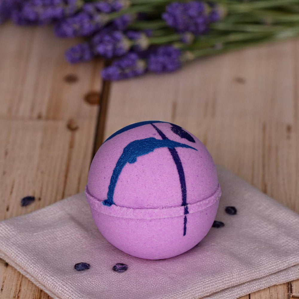 Calm jumbo bath bomb by Bubble & Bathe, handmade in North Devon, purple bath bomb with powdery floral and vanilla scent, vegan and plastic-free