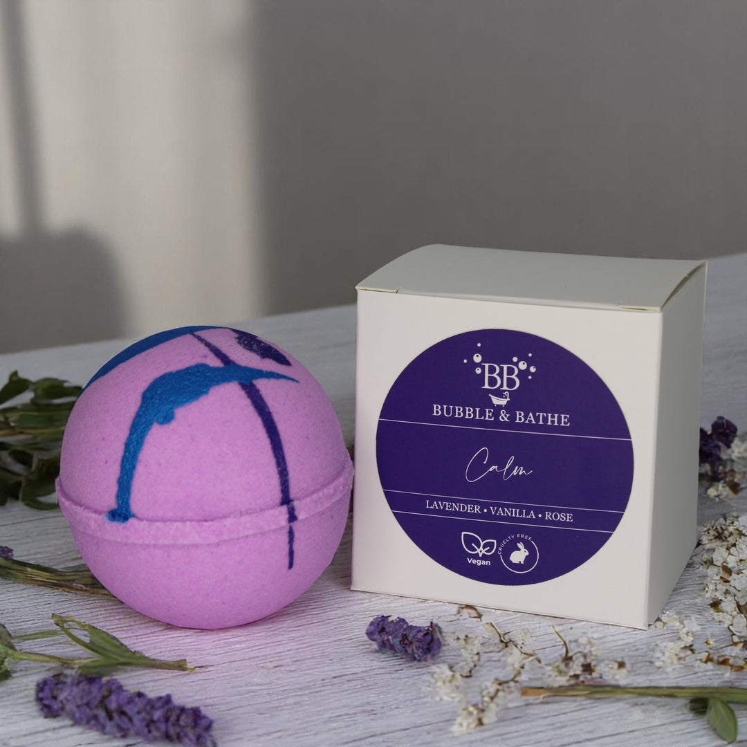 Calm jumbo bath bomb by Bubble & Bathe, handmade in North Devon, purple bath bomb with powdery floral and vanilla scent, vegan and plastic-free