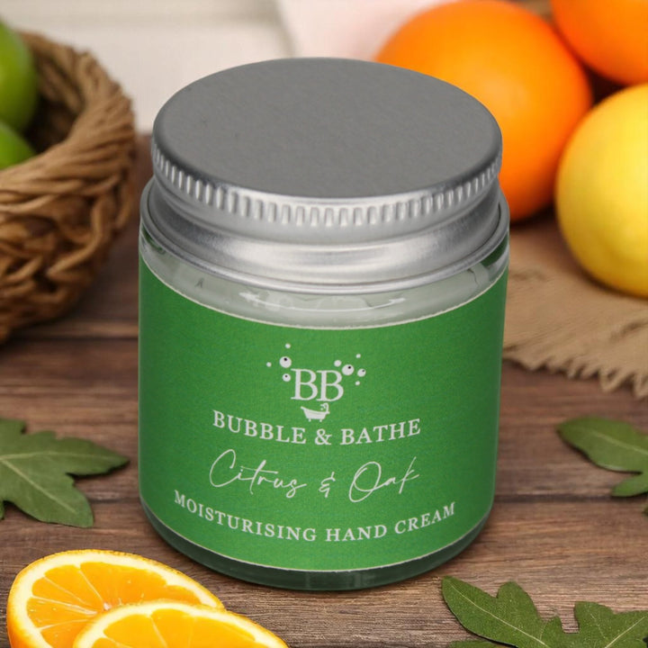 Citrus & Oak hand cream by Bubble & Bathe, handmade in North Devon, 30g vegan hand cream with citrus, oakmoss, and bergamot scent in glass jar