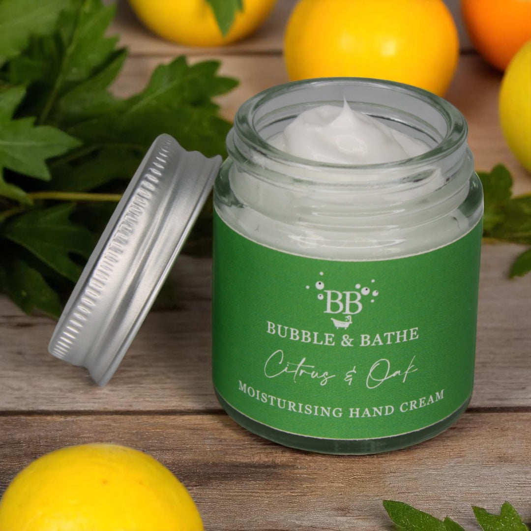 Citrus & Oak hand cream by Bubble & Bathe, handmade in North Devon, 30g vegan hand cream with citrus, oakmoss, and bergamot scent in glass jar