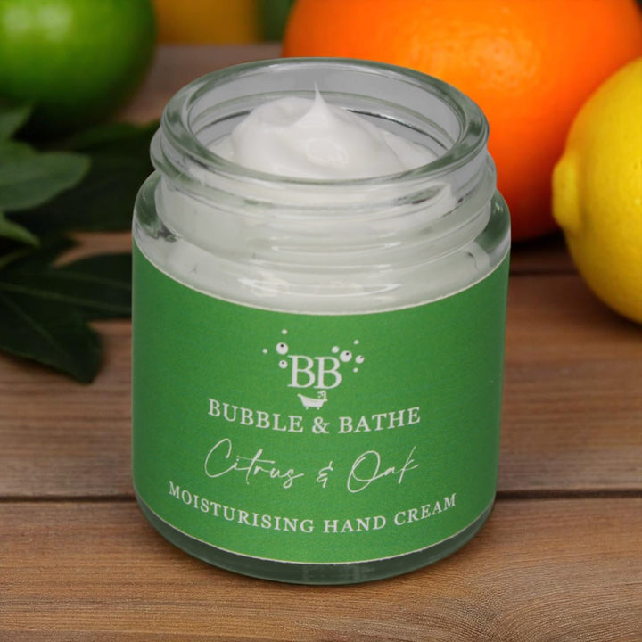 Citrus & Oak hand cream by Bubble & Bathe, handmade in North Devon, 30g vegan hand cream with citrus, oakmoss, and bergamot scent in glass jar