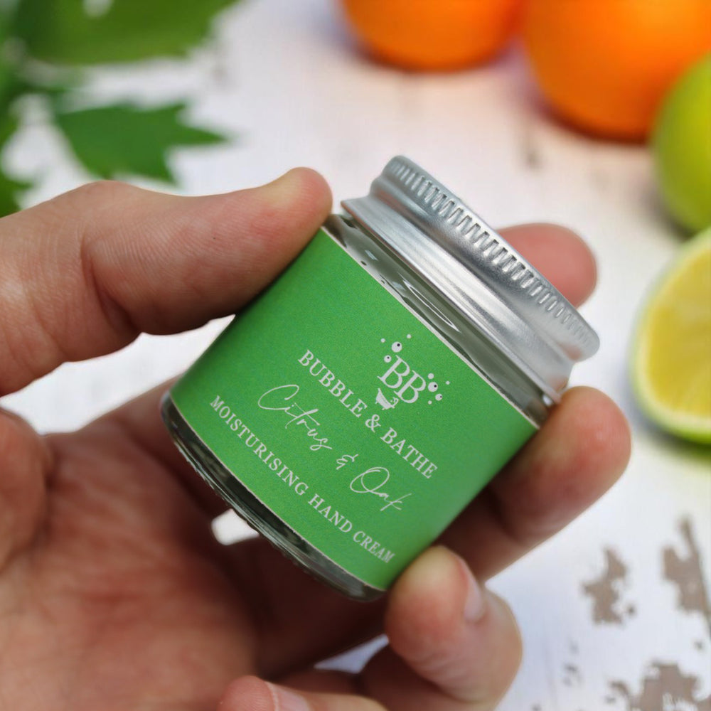Citrus & Oak hand cream by Bubble & Bathe, handmade in North Devon, 30g vegan hand cream with citrus, oakmoss, and bergamot scent in glass jar