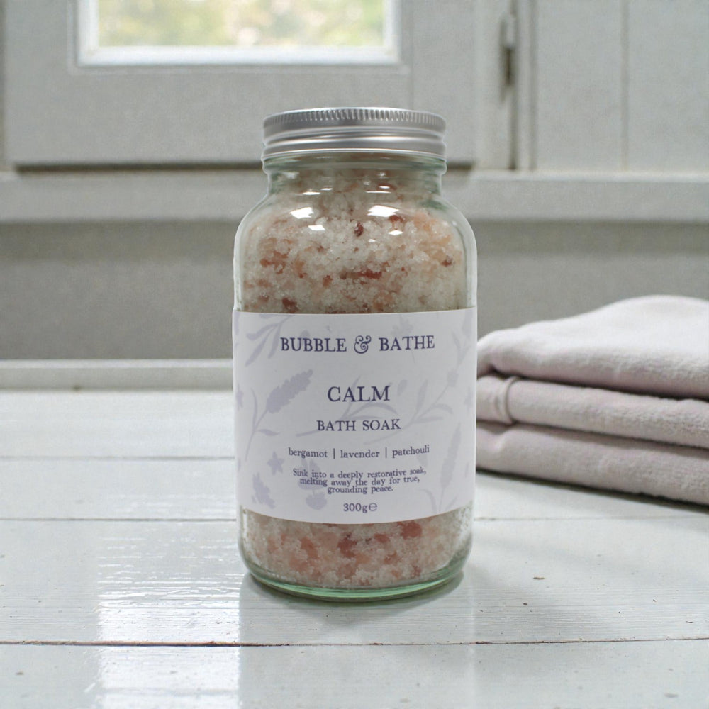Bubble & Bathe Calm Bath Soak jar with Lavender and Coconut Epsom salts to aid sleep and relaxation.