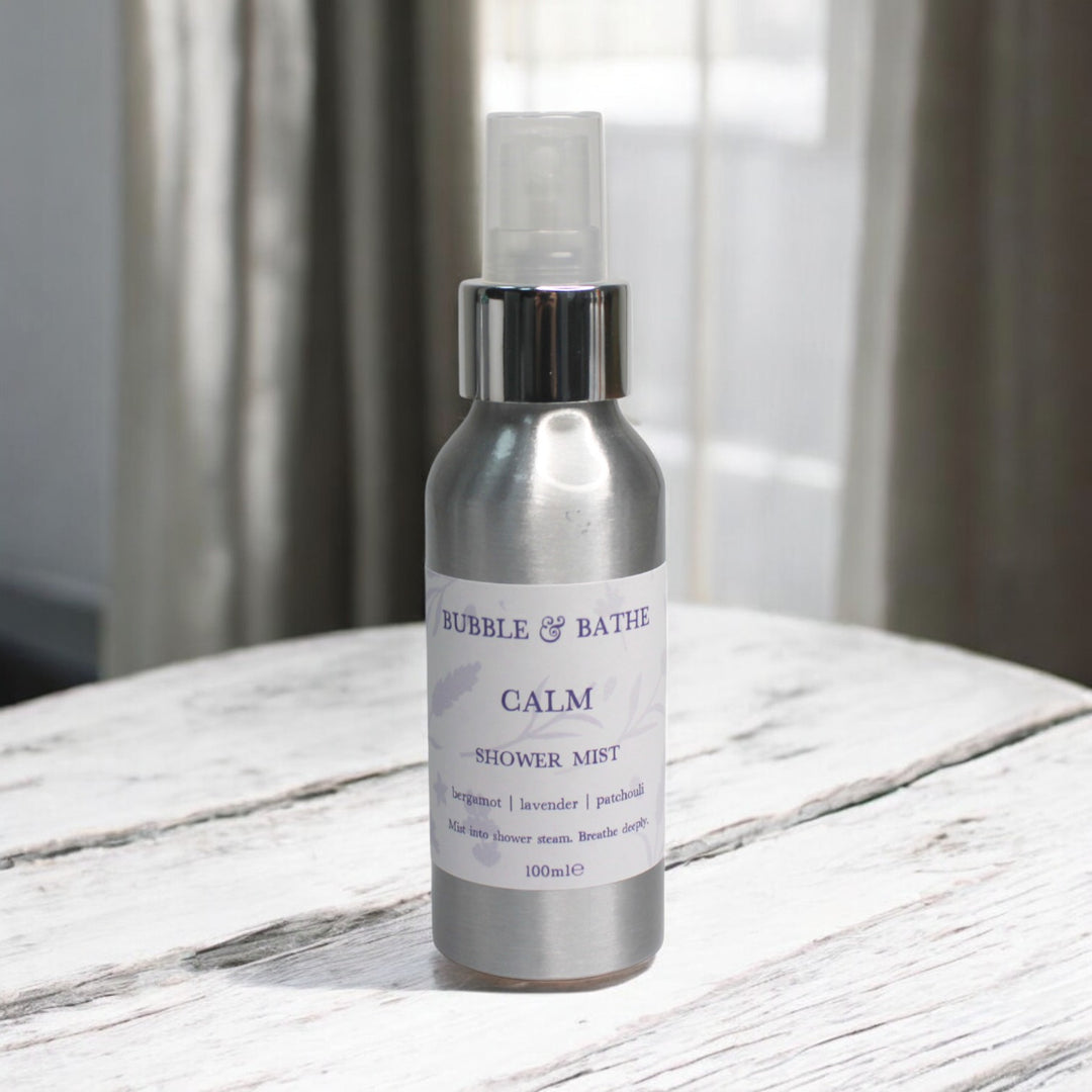 Bubble & Bathe Calm Shower Mist spray infused with Lavender and Coconut to create a relaxing, sleep-inducing aromatherapy steam.