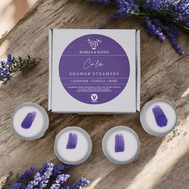 Calm vegan shower steamers by Bubble & Bathe, handmade in North Devon, lavender and vanilla scent, box of 4, plastic-free packaging