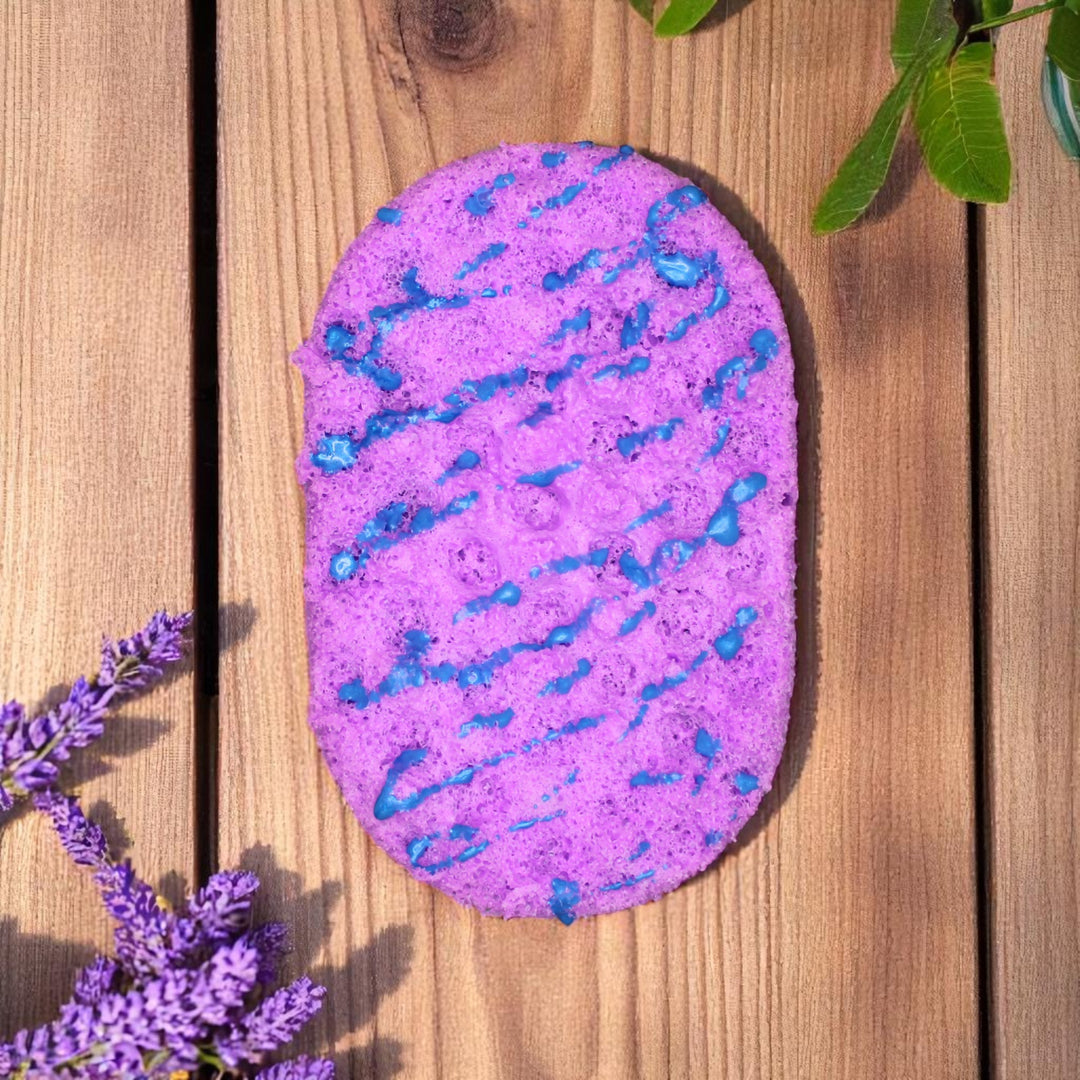 Calm vegan soap sponge by Bubble & Bathe, handmade in North Devon, powdery floral and vanilla scent, plastic-free packaging