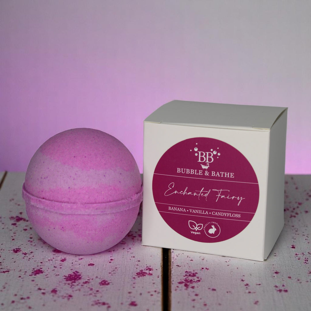Enchanted Fairy jumbo bath bomb by Bubble & Bathe, handmade in North Devon, pink and purple bath bomb with fruity floral scent, vegan and plastic-free

