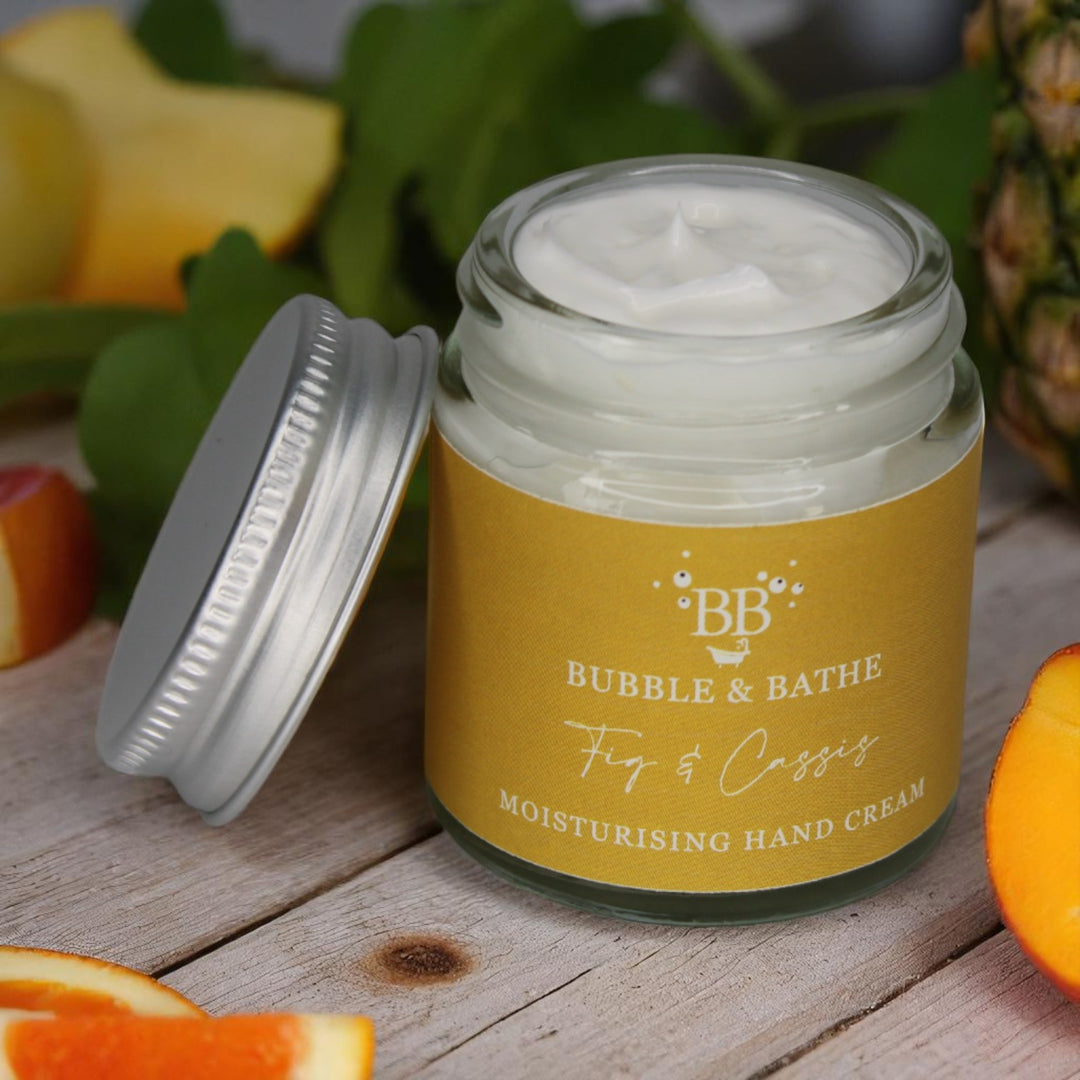 Fig & Cassis hand cream by Bubble & Bathe, handmade in North Devon, 30g vegan hand cream with fig, cassis, and wild plum scent in glass jar