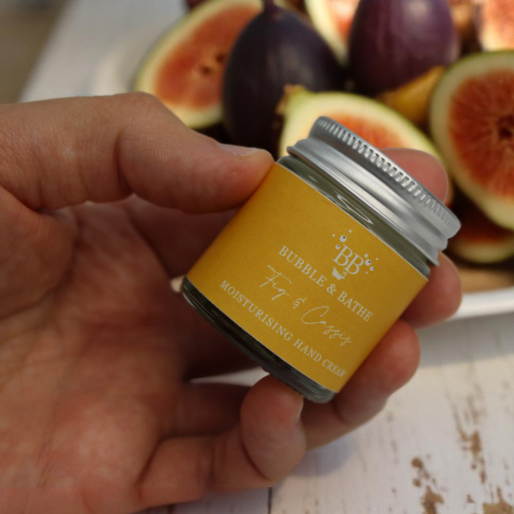 Fig & Cassis hand cream by Bubble & Bathe, handmade in North Devon, 30g vegan hand cream with fig, cassis, and wild plum scent in glass jar