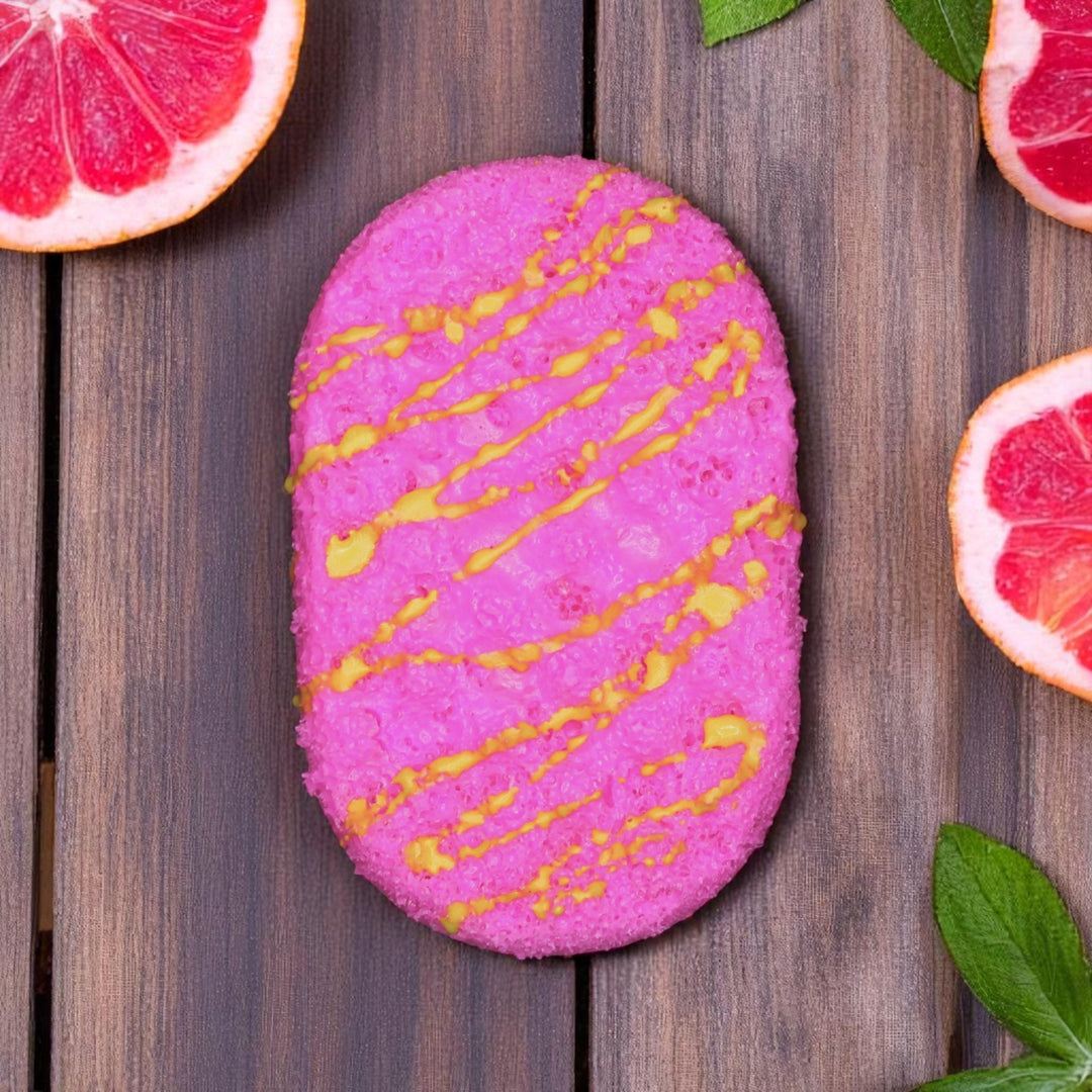 Grapefruit & Ginger vegan soap sponge by Bubble & Bathe, handmade in North Devon, citrus and ginger scent, plastic-free packaging