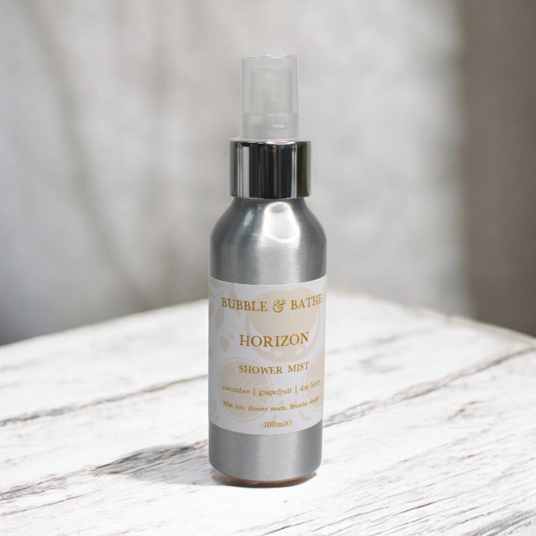 Bubble & Bathe Horizon Shower Mist spray with uplifting Grapefruit and Cucumber notes for a fresh, mood-boosting shower experience.