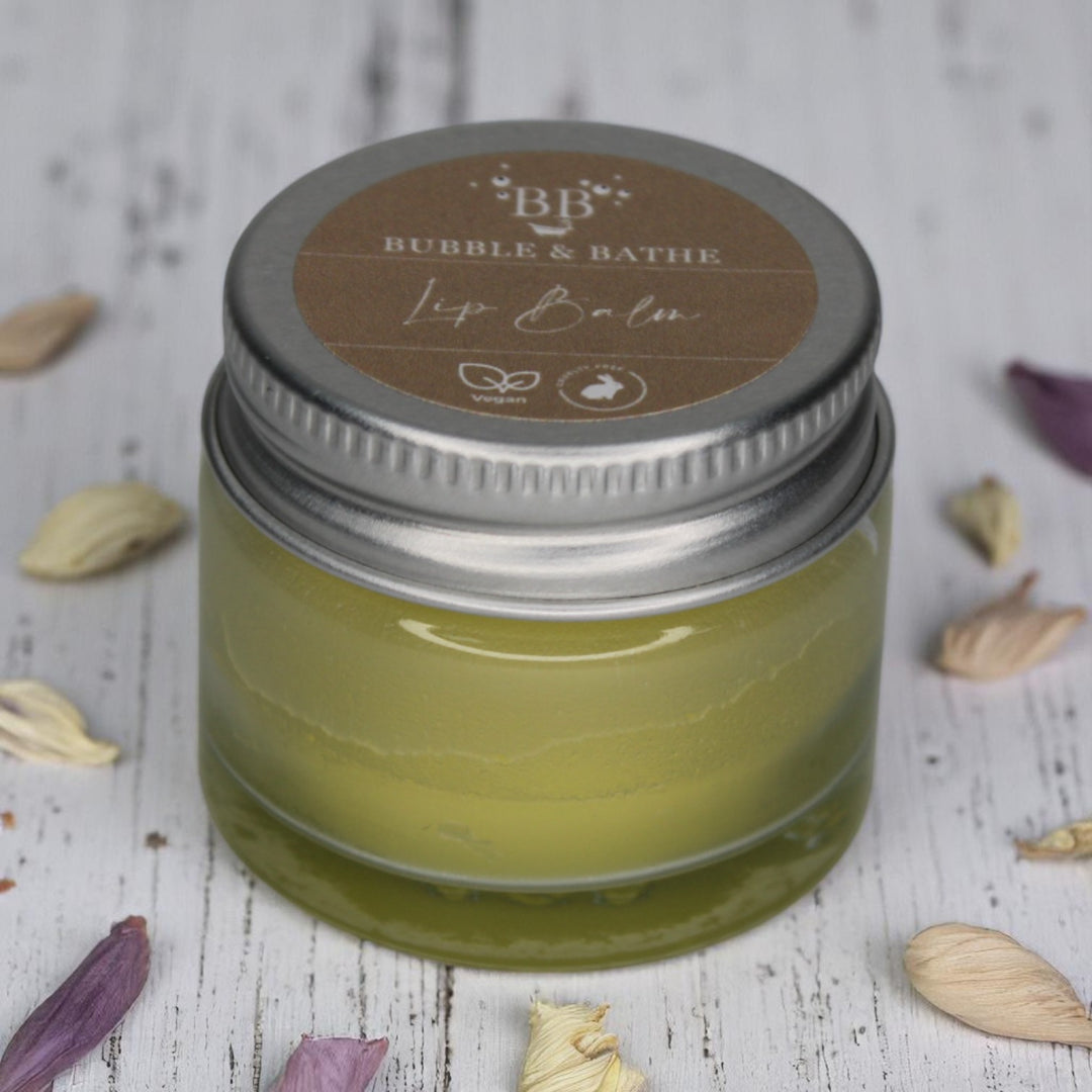 15ml lip balm by Bubble & Bathe, handmade in North Devon, super moisturizing with jojoba oil, coconut oil, cocoa butter, shea butter, vitamin E, and beeswax