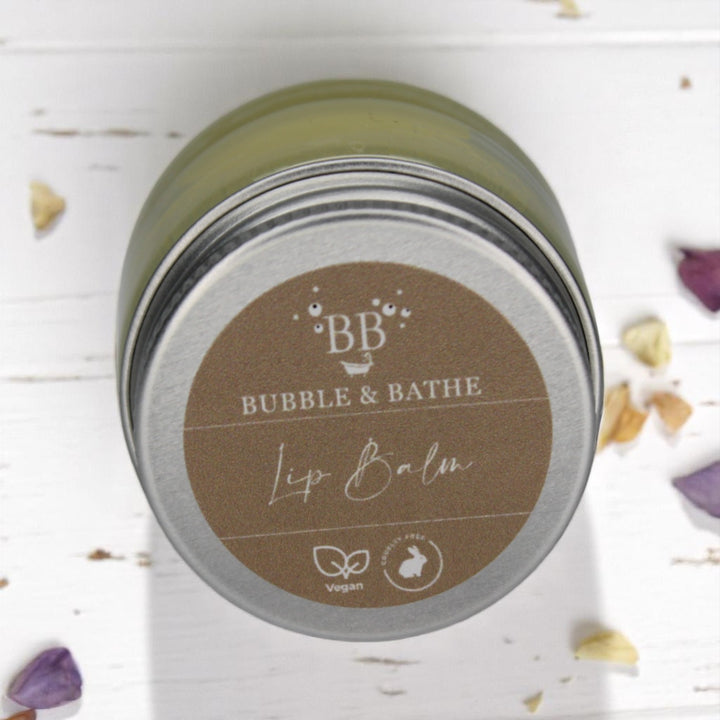 15ml lip balm by Bubble & Bathe, handmade in North Devon, super moisturizing with jojoba oil, coconut oil, cocoa butter, shea butter, vitamin E, and beeswax