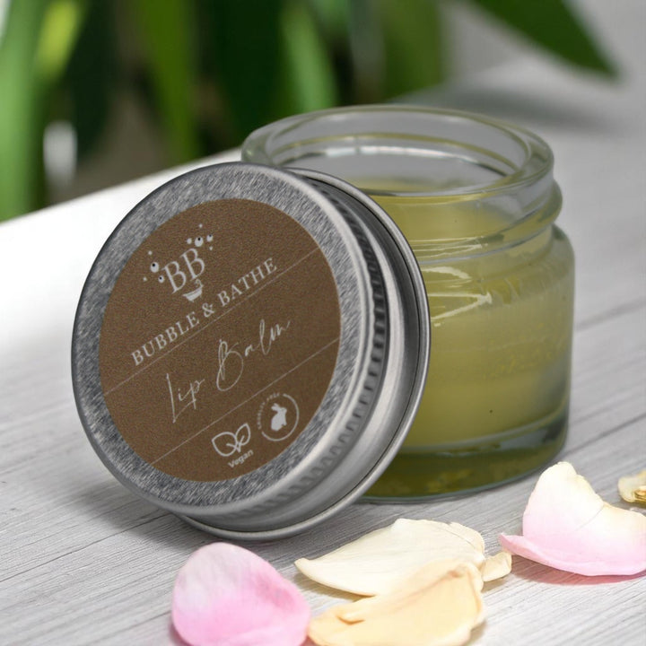 15ml lip balm by Bubble & Bathe, handmade in North Devon, super moisturizing with jojoba oil, coconut oil, cocoa butter, shea butter, vitamin E, and beeswax