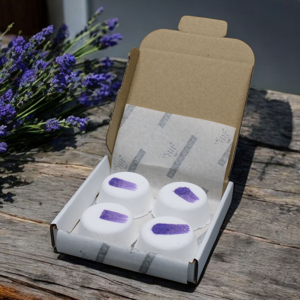 Calm vegan shower steamers by Bubble & Bathe, handmade in North Devon, lavender and vanilla scent, box of 4, plastic-free packaging