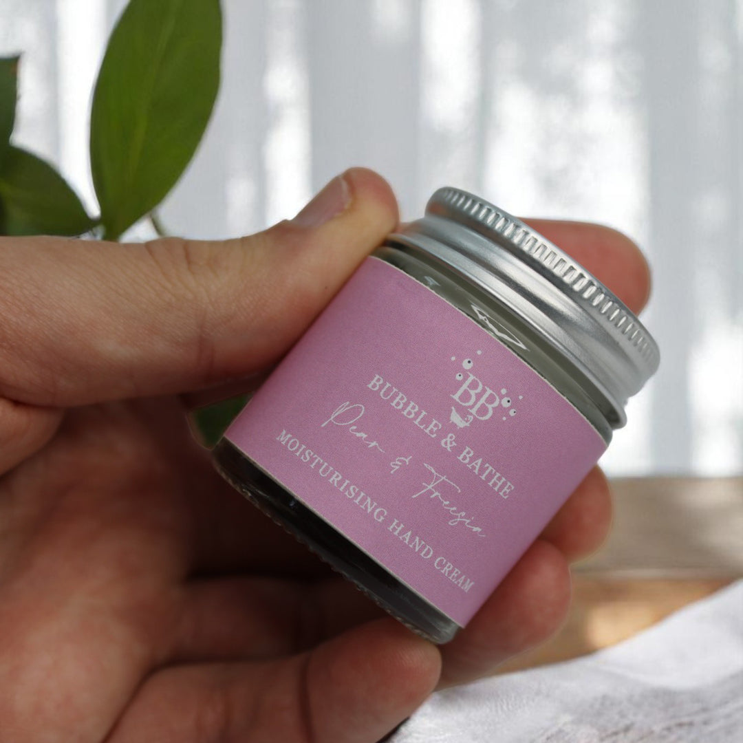 Pear & Freesia hand cream by Bubble & Bathe, handmade in North Devon, 30g vegan hand cream with pear and freesia scent in glass jar