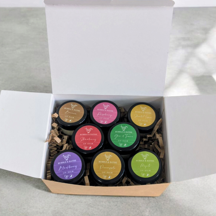 Bubble & Bathe Lip Balm Gift Set with 8 flavours, displayed in eco-friendly packaging.