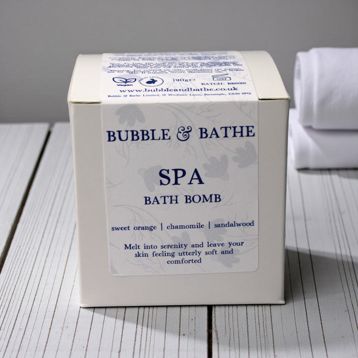 Bubble & Bathe Spa Bath Bomb with rich notes of Sandalwood, Sweet Orange and Chamomile.
